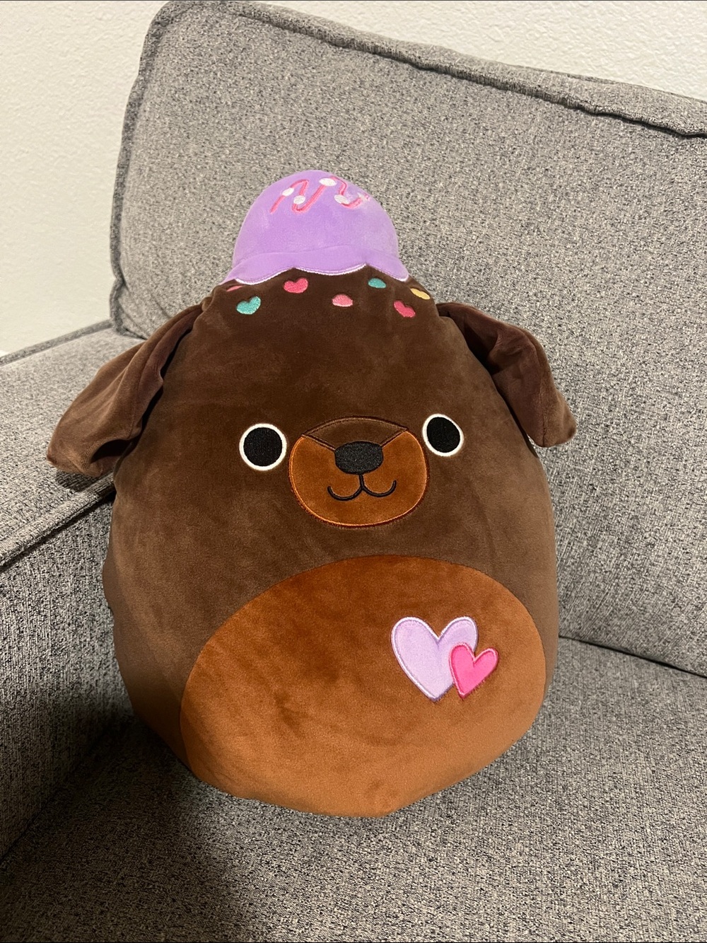 Plush squishmallow Brown Dog Pillow with Purple Hat - Cute Heart Accent